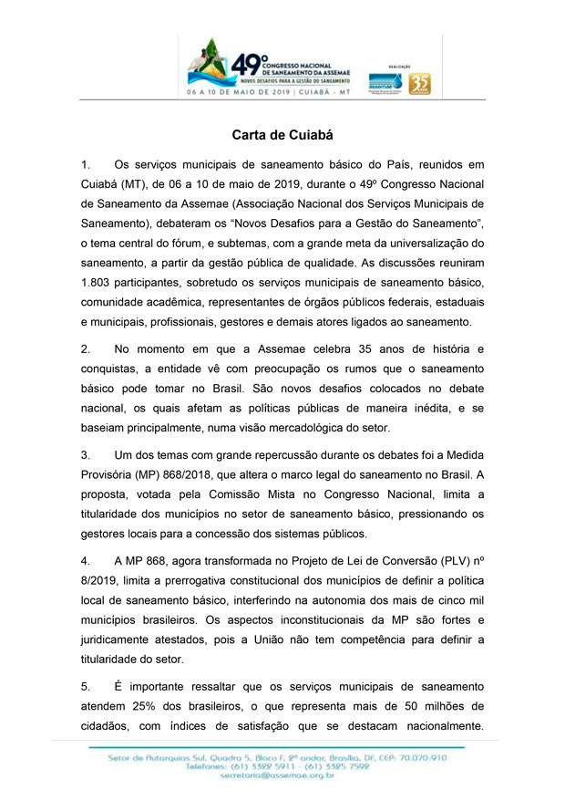 A BM manifesta apoio à Carta de Cuiabá