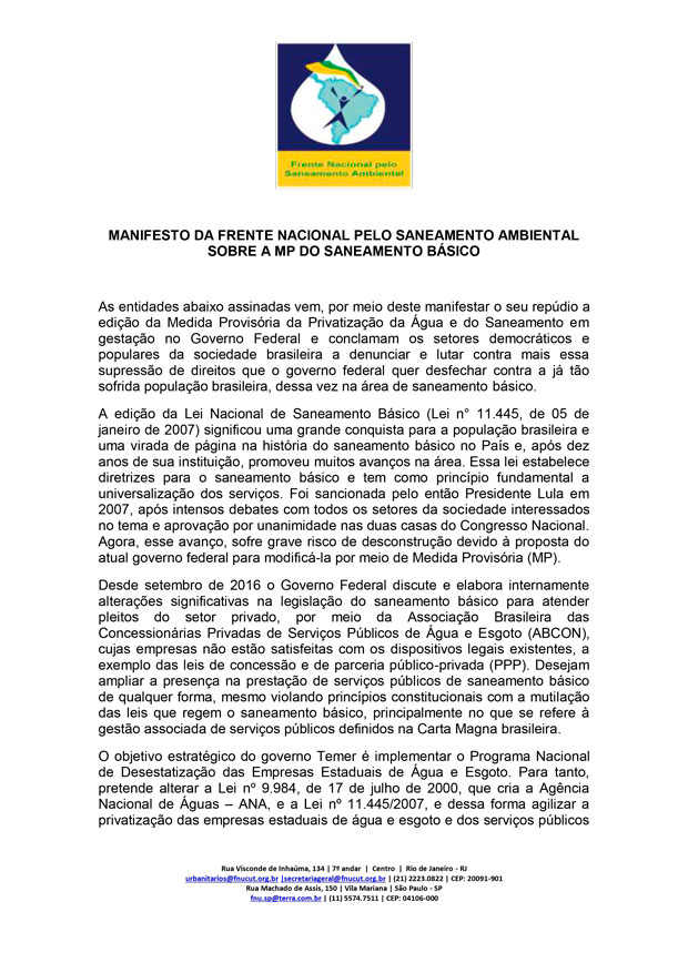 Manifesto de lançamento da Frente Nacional pelo Saneamento Ambiental (Ano de 1997)